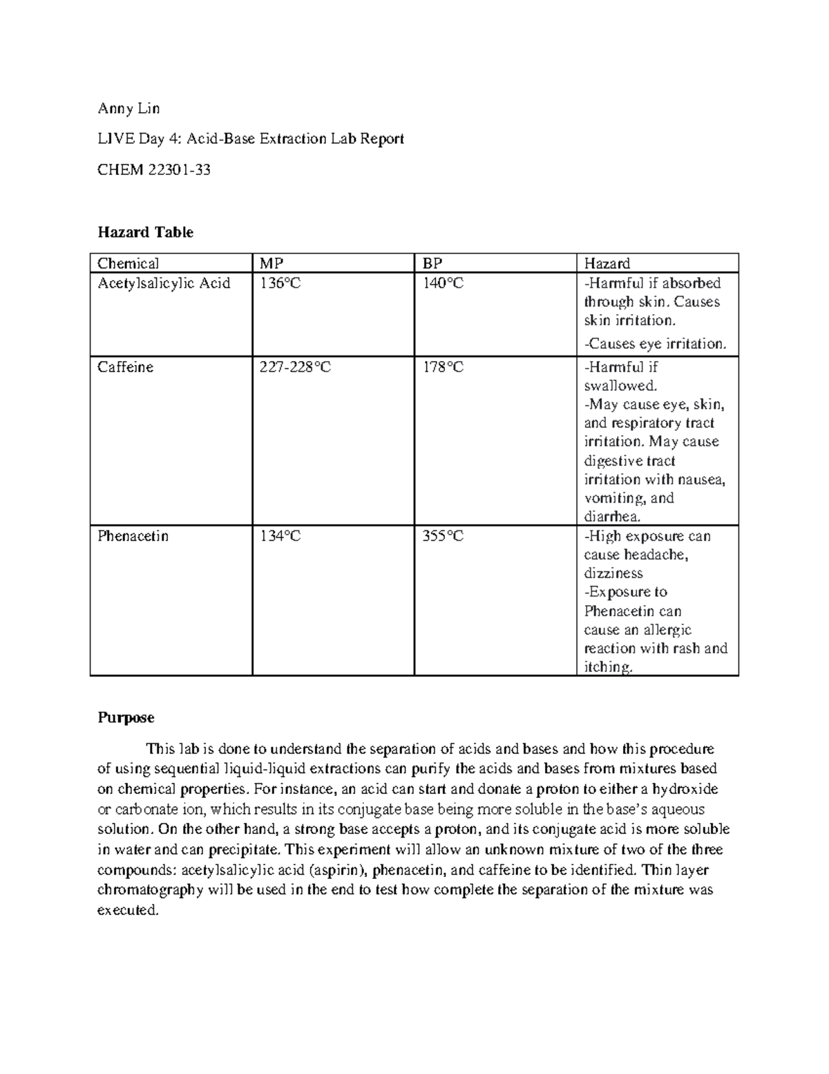 Acid and Base Extraction Lab Report (Anny Lin) CHEM 106 Hunter
