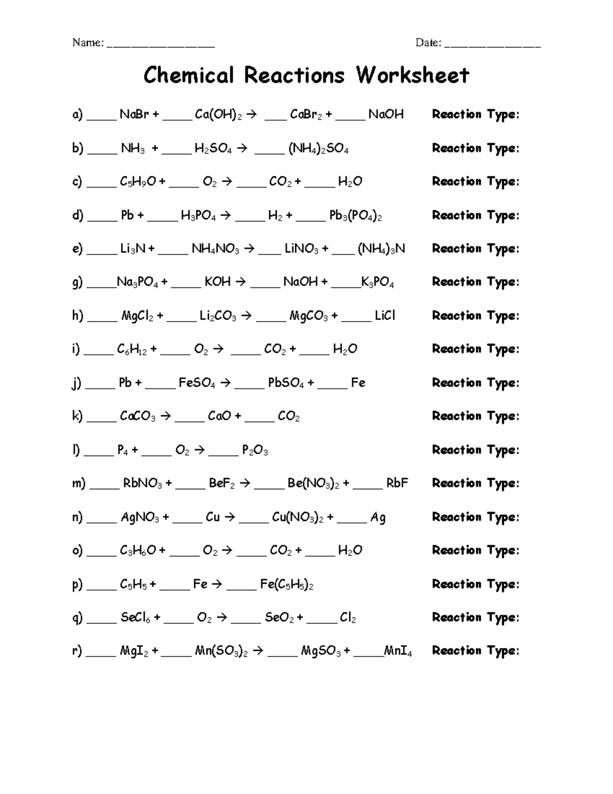 AP Chemical Reaction Worksheet - Name: __________________ Date ...