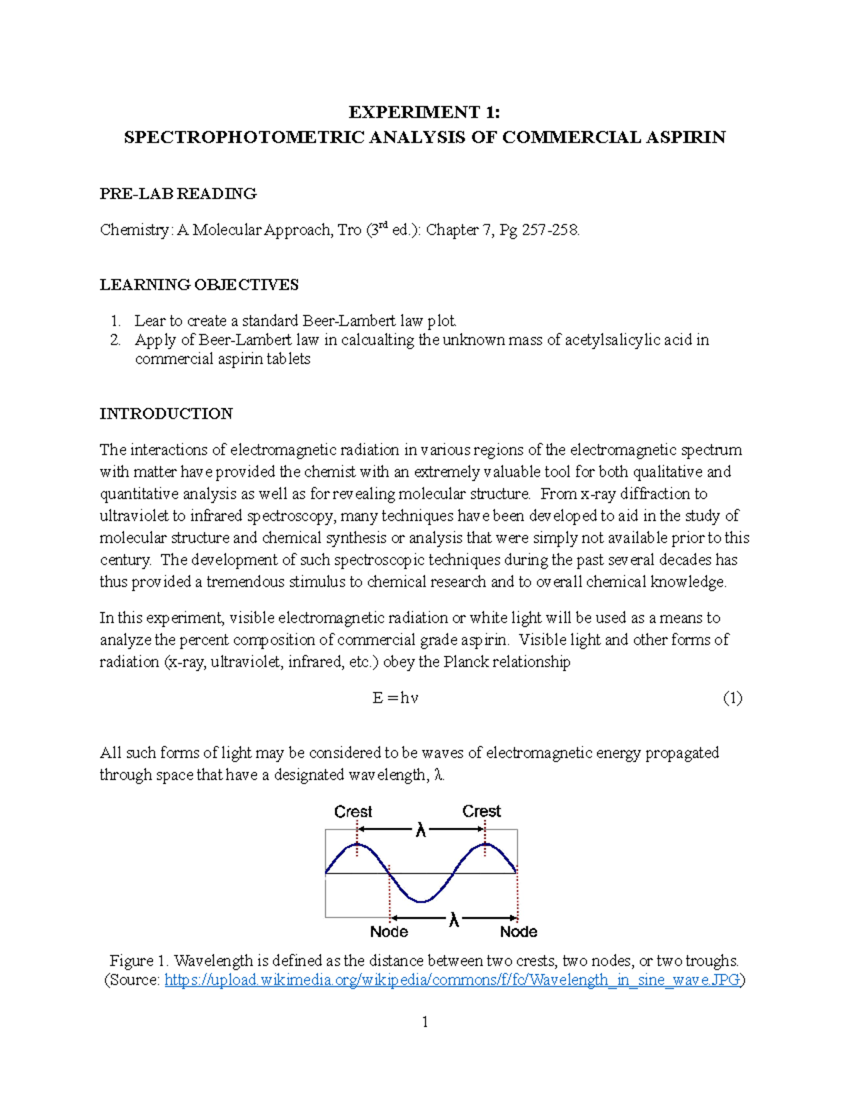 Lab 1 Manual EXPERIMENT 1 SPECTROPHOTOMETRIC ANALYSIS OF COMMERCIAL