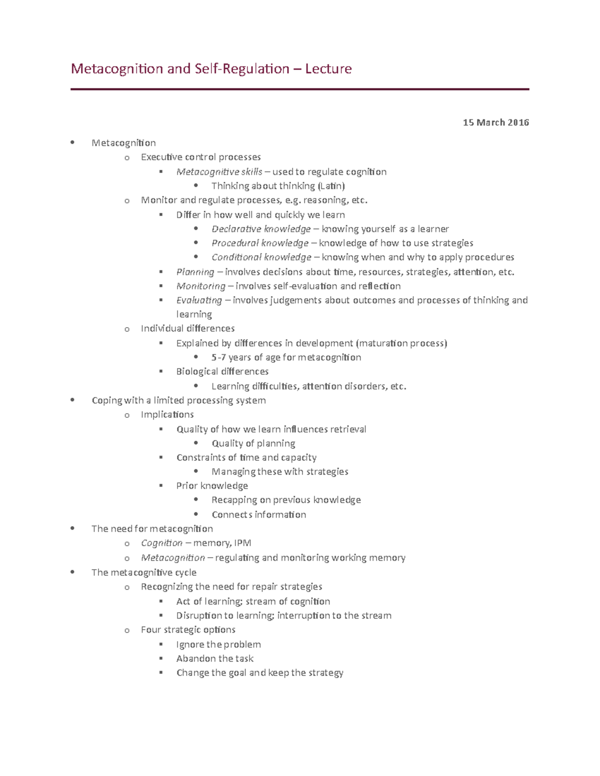 Metacognition and Self-Regulation - Lecture - Metacognition and Lecture ...