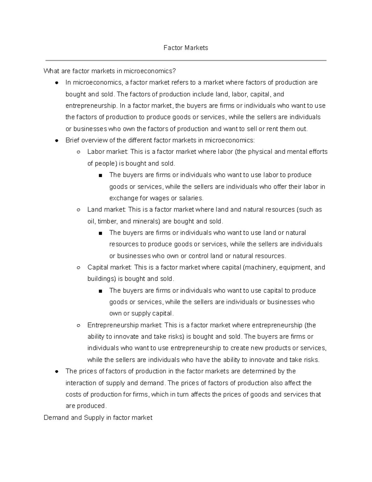ECO 101 Factor Markets - Factor Markets What are factor markets in ...