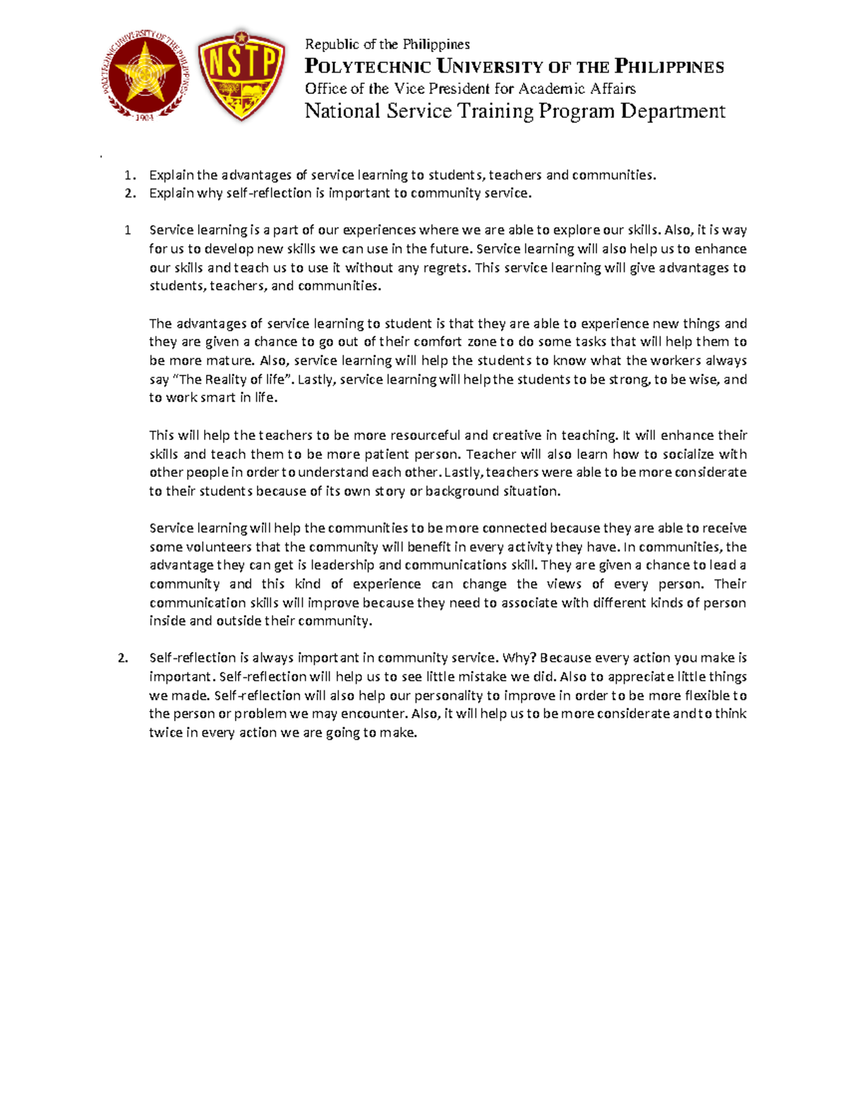 Service learning for everyone to be a good communicator - Republic of ...