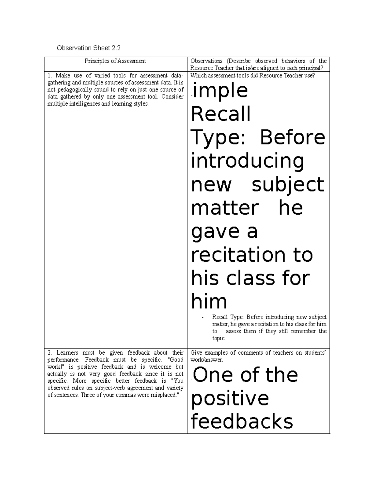 Observation Sheet 2 - Principles of Assessment Observations (Describe ...