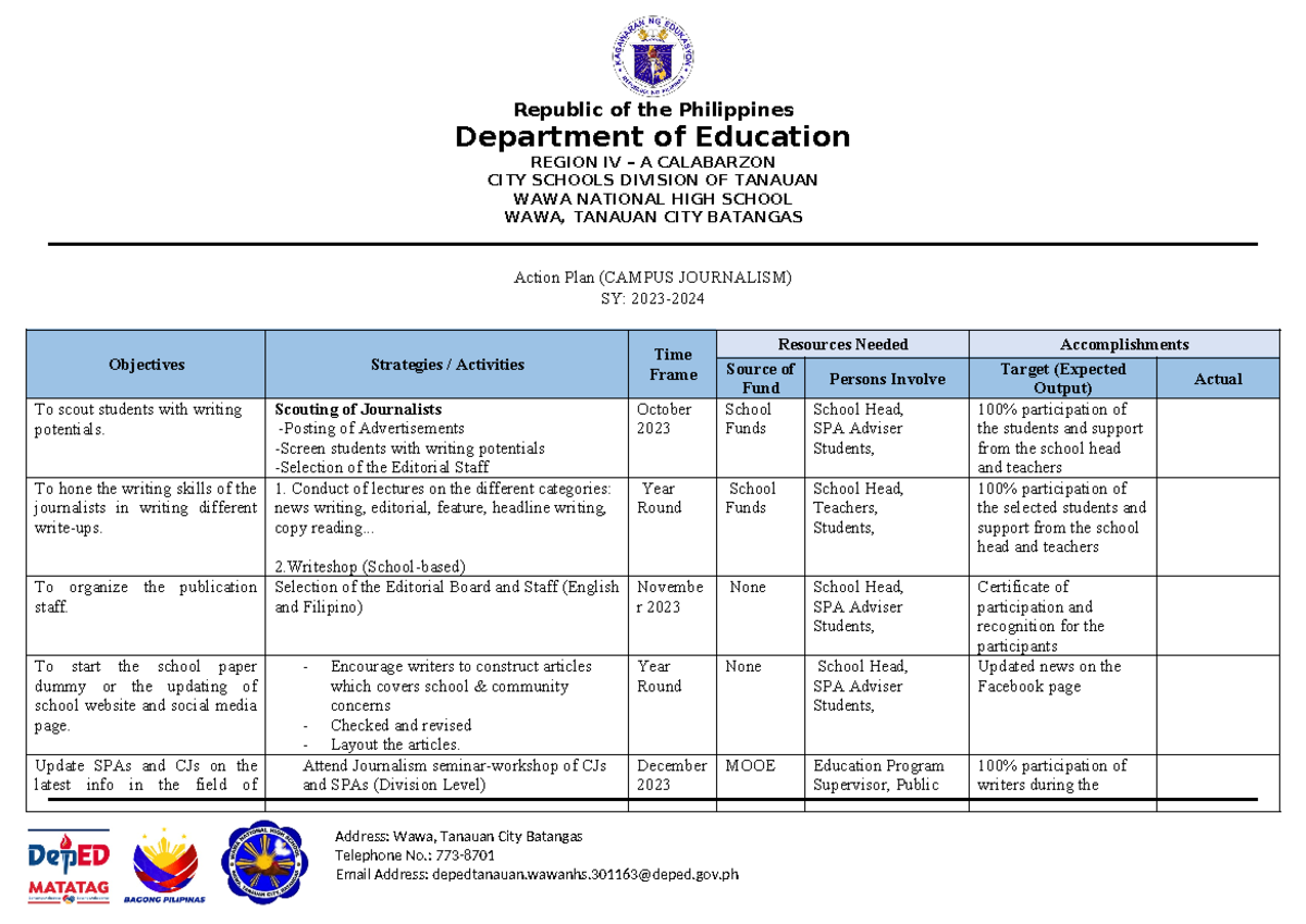 Action-Plan-in- Campus Journalism-SY2023-2024-WNHS - Republic of the ...