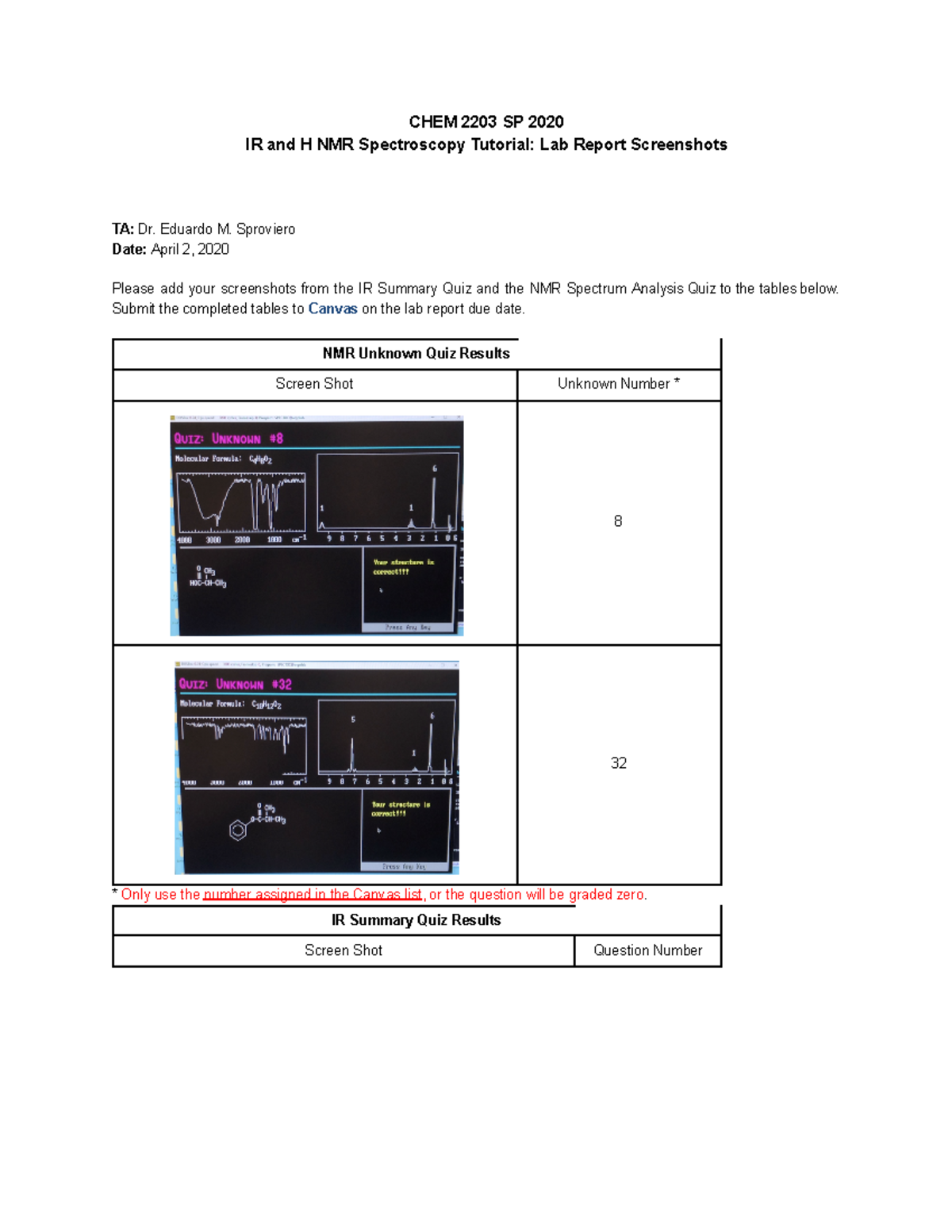 Lab 9 Spectroscopy CHEM 2203 SP 2020 IR and H NMR Spectroscopy