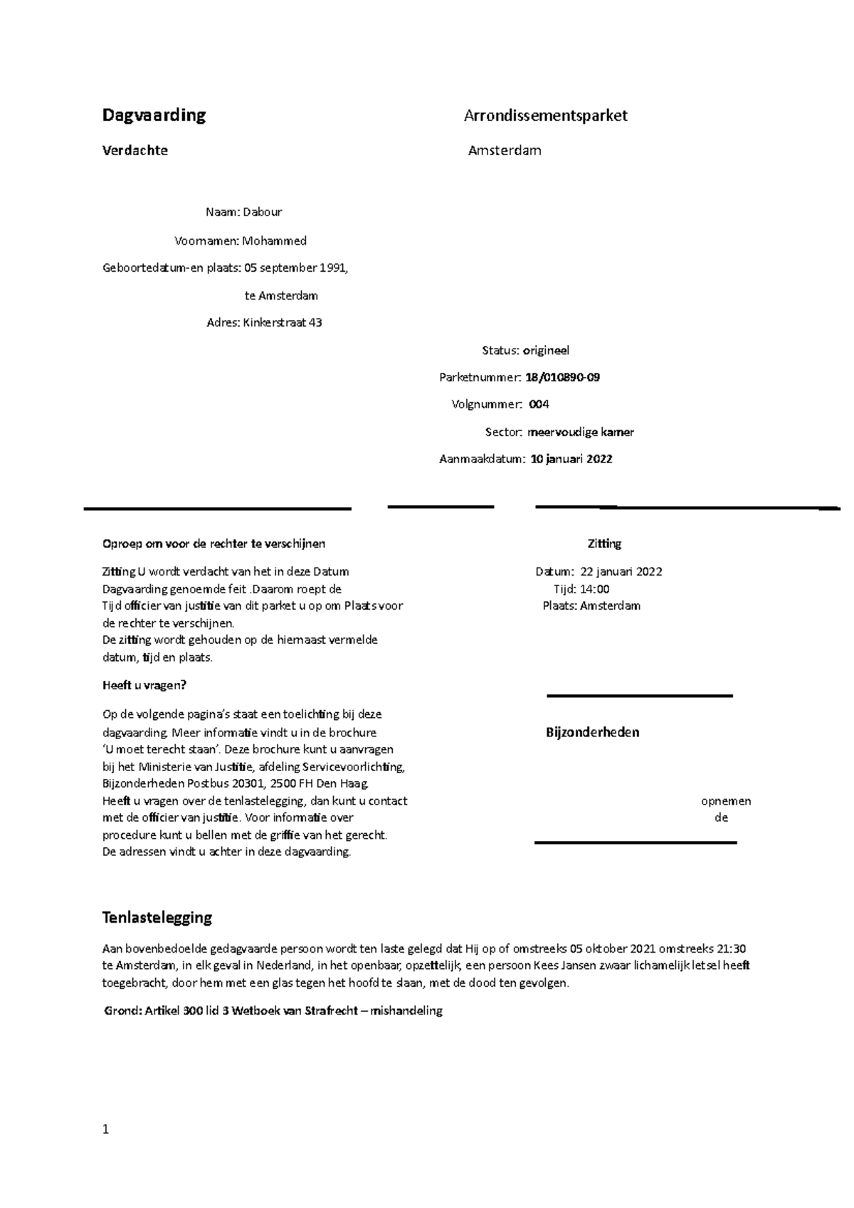 Individuele dagvaarding praktijk - Dagvaarding Arrondissementsparket ...