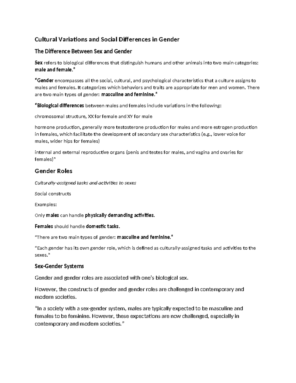 Cultural Variations and Social Differences in Gender - ” “Gender ...