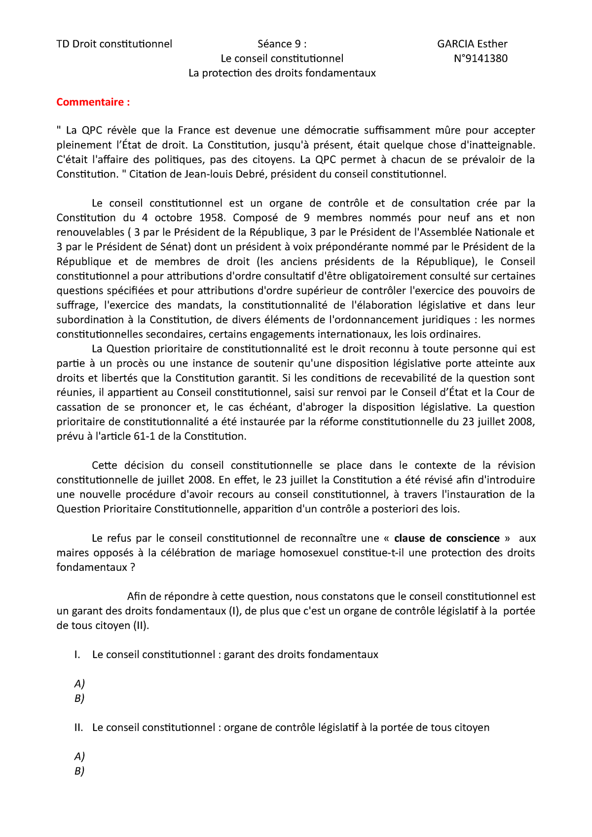 Td 9 Le Conseil Constitutionnel Le Conseil Constitutionnel N La Protection Des Droits Studocu