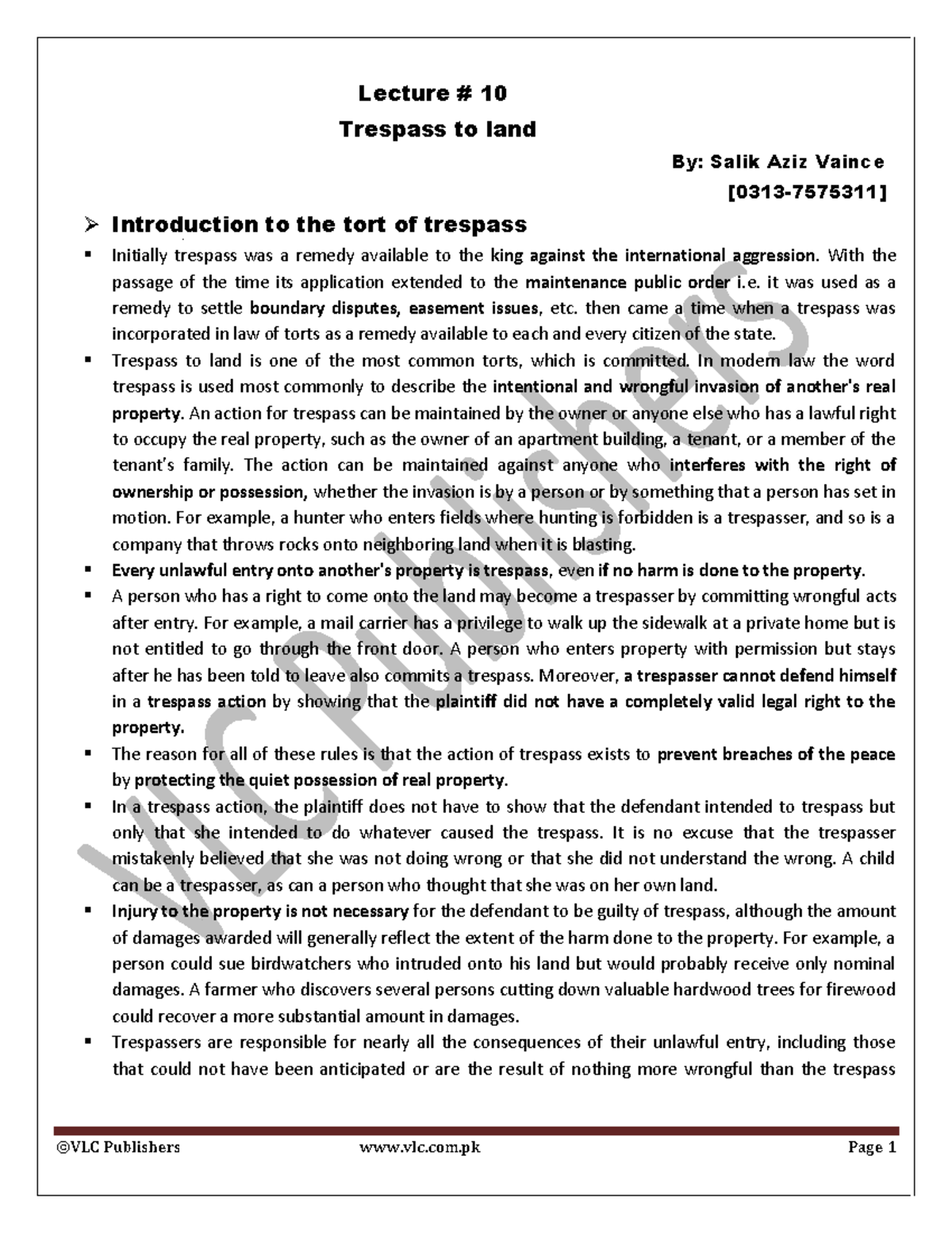 10 Trespass to land - mini miss notes - Lecture # 10 Trespass to land ...