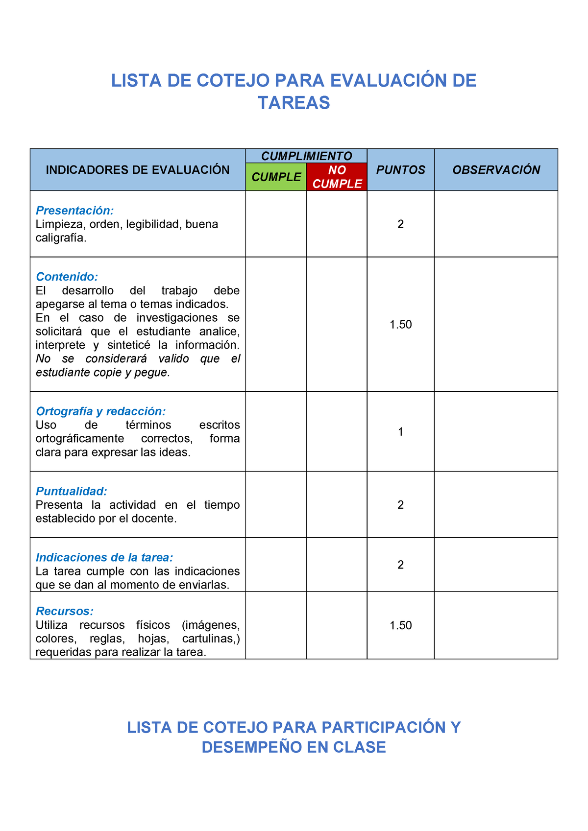 Lista De Cotejo Para Evaluación De Tareas En Eess Lista De Cotejo Para EvaluaciÓn De Tareas 3047