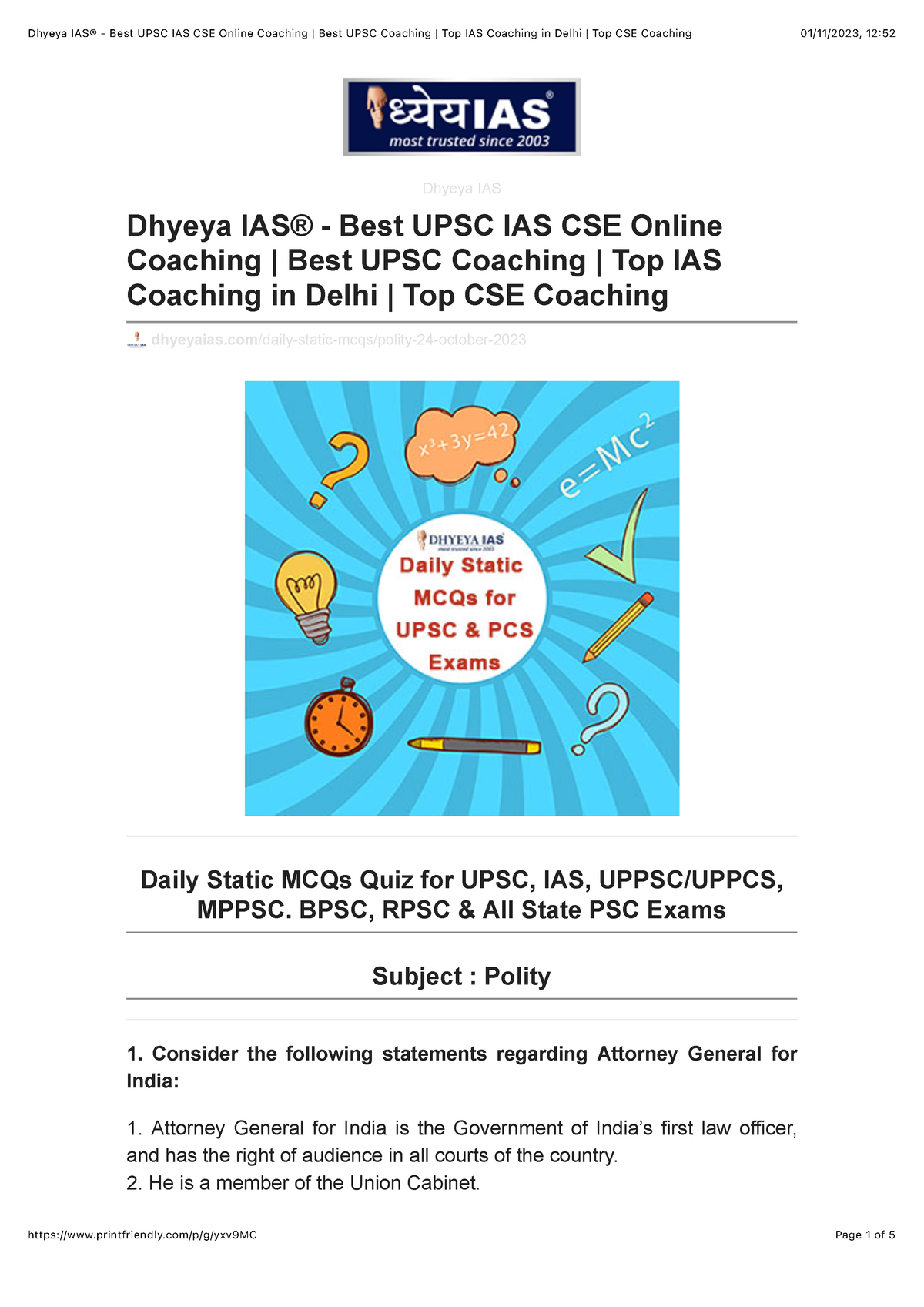 Polity MCQ - Dhyeya IAS Dhyeya IAS® - Best UPSC IAS CSE Online Coaching ...