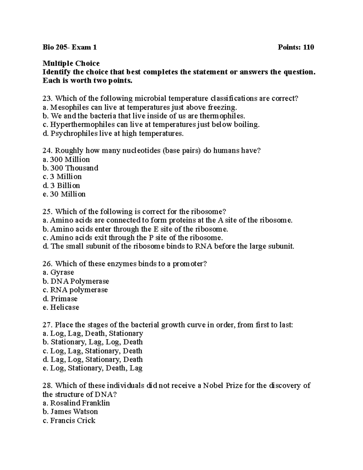 Bio 205 exam 1 part 4 Bio 205 exam 1 Bio 205 Exam 1 Points 110