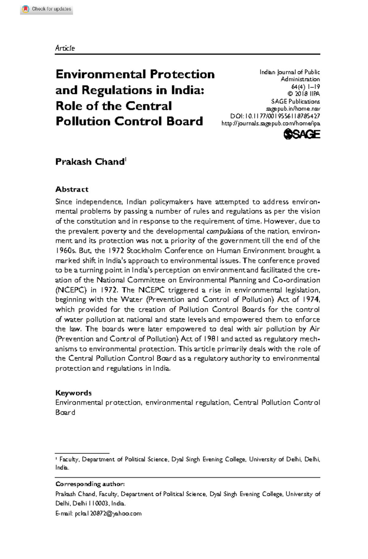 Environmental protection and Regulations in India Role of the Central