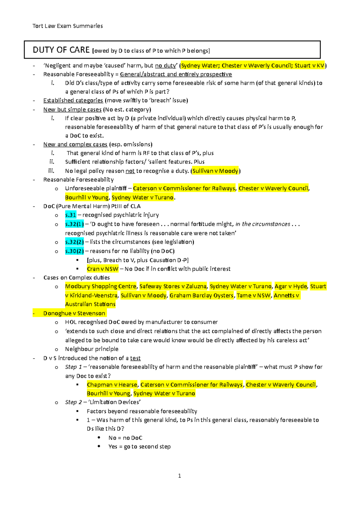 TORT Final EXAM Notes - Summary Torts - DUTY OF CARE [owed by D to ...
