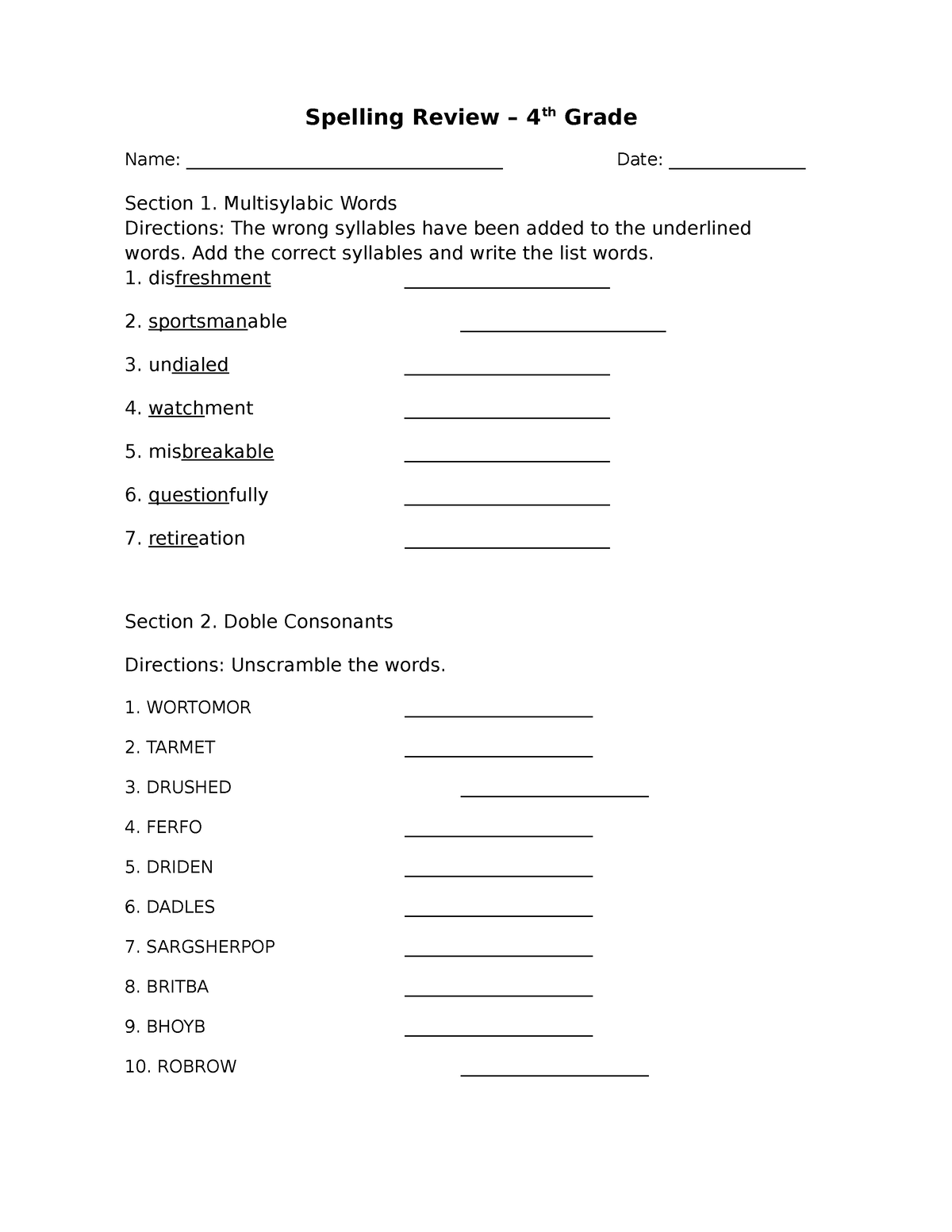 Module 5 Spelling Review - Spelling Review – 4th Grade Name