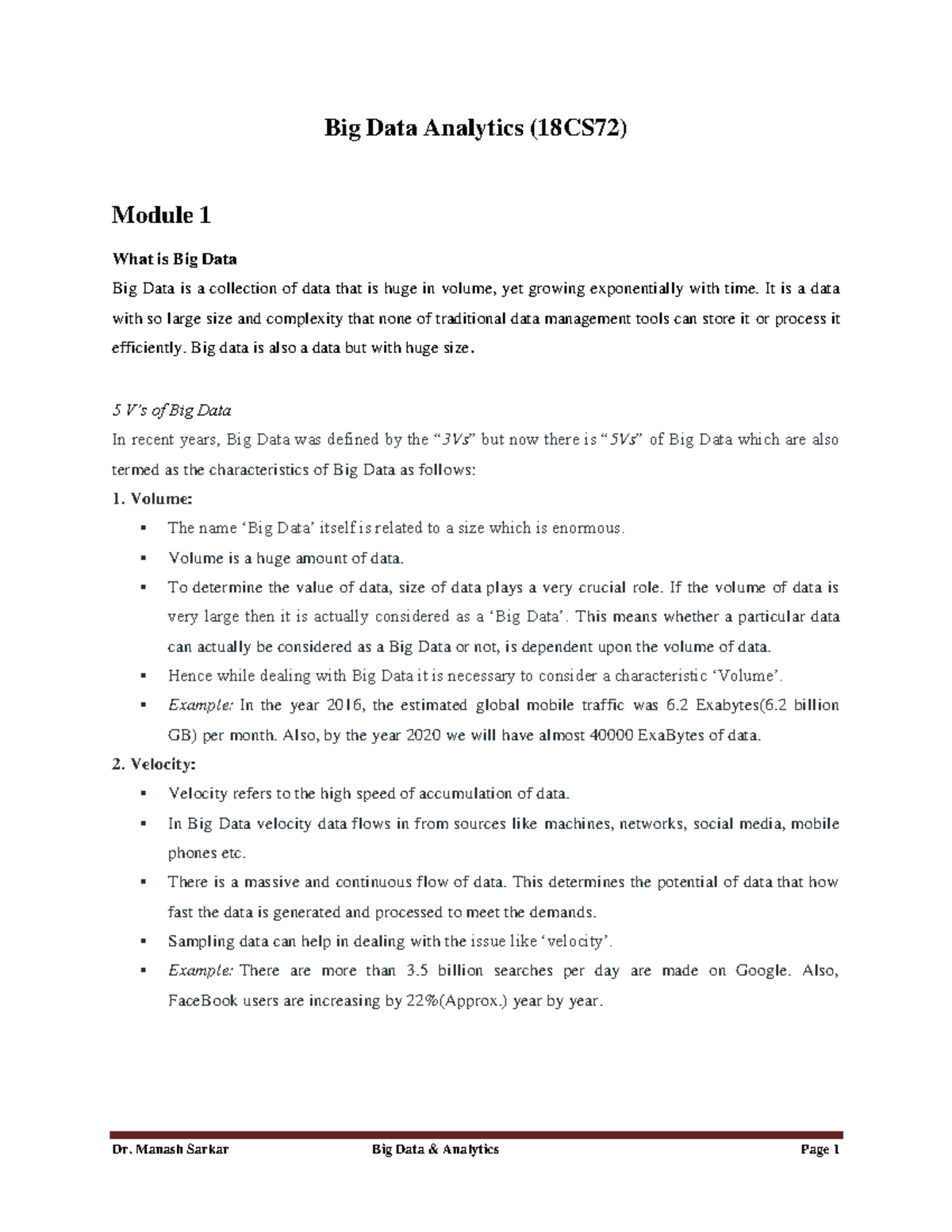 Module 1 pdf notes given in college Big Data Analytics (18CS72