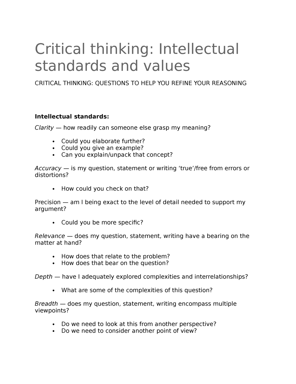 intellectual standards of critical thinking