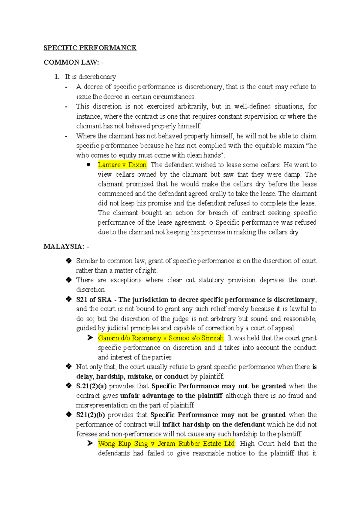 Equity Presentation - SPECIFIC PERFORMANCE COMMON LAW: - 1. It is ...
