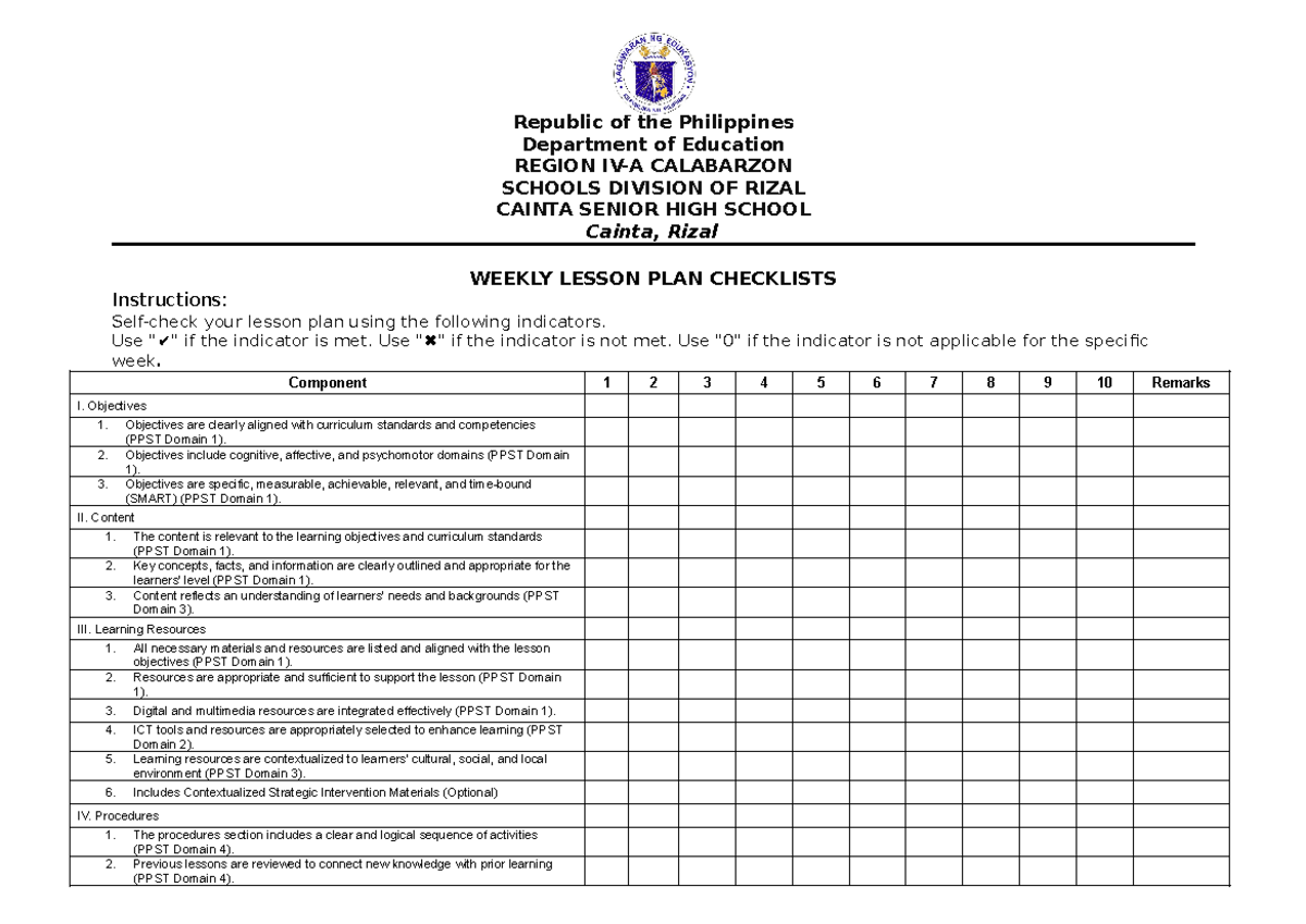 WK-1-Lesson-Plan-Checklists - Republic of the Philippines Department of ...