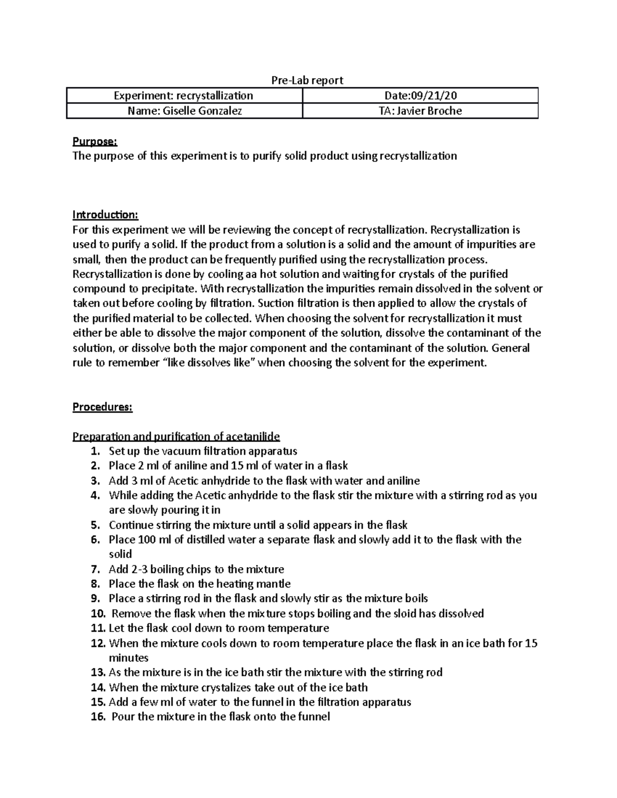 Pre-lab Recrysalization - Pre-Lab Report Experiment: Recrystallization ...