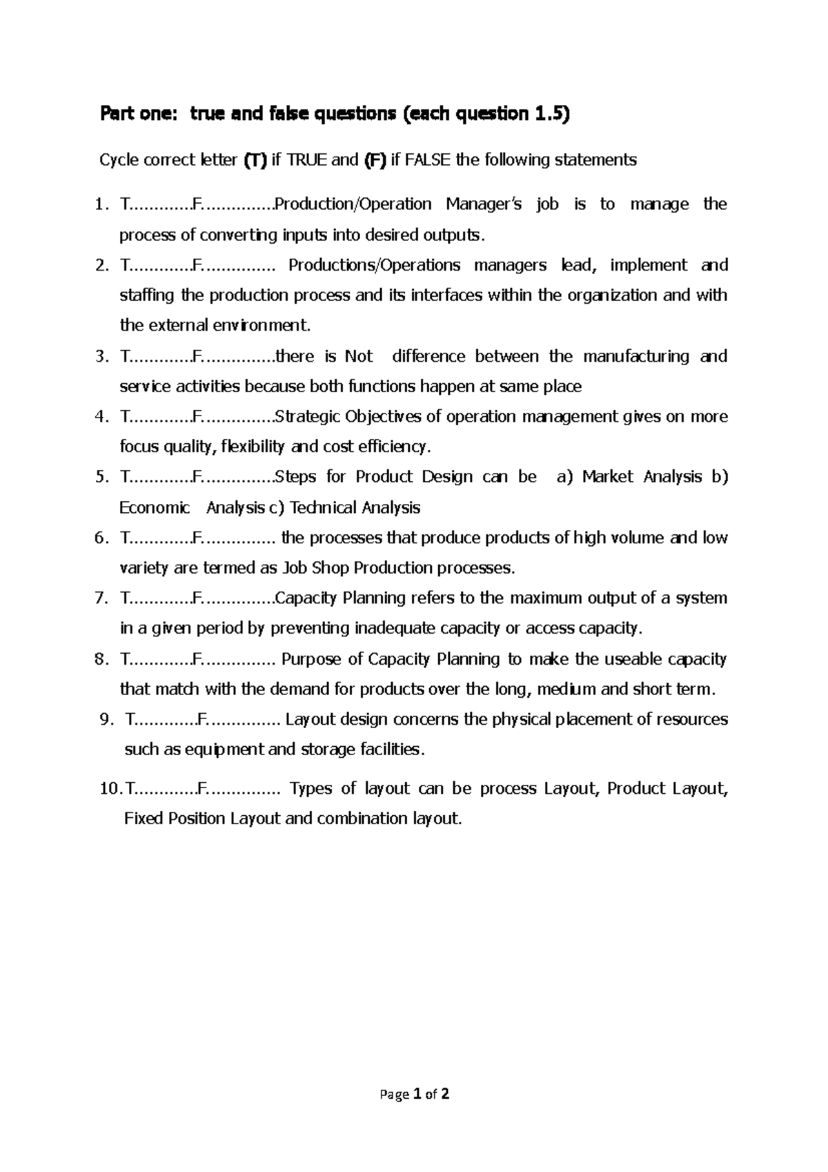 Mid exam for POM - Part one: true and false questions (each question 1 ...