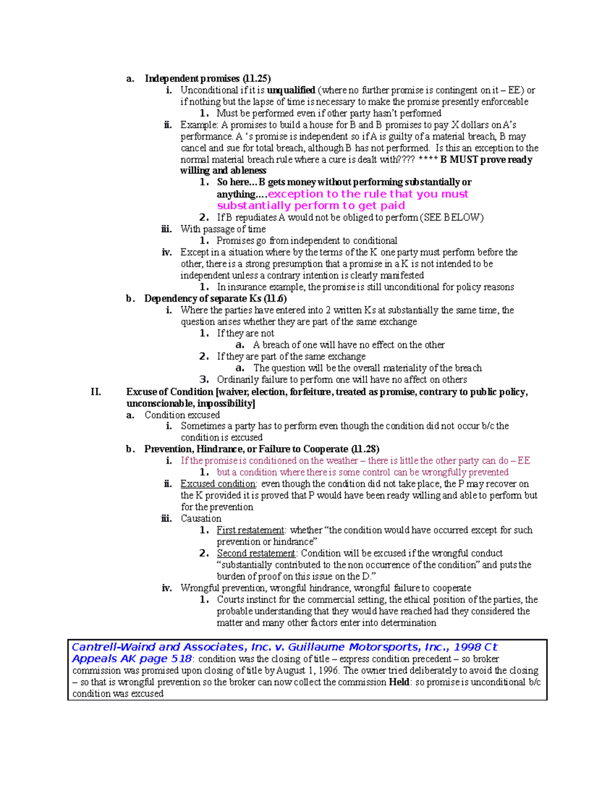 Contract Law - Prof. Medina 3 - a. Independent promises (11) i ...