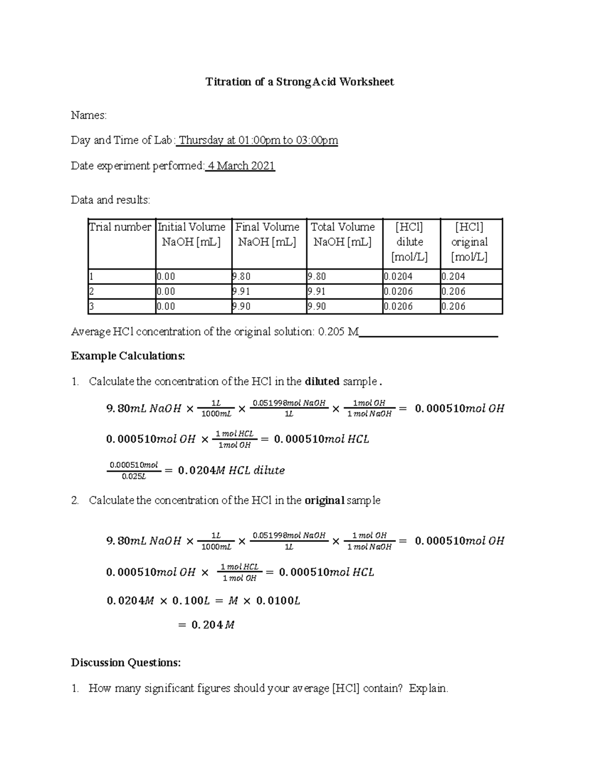 Titration Worksheet Lab Report Titration of a Strong Acid Worksheet