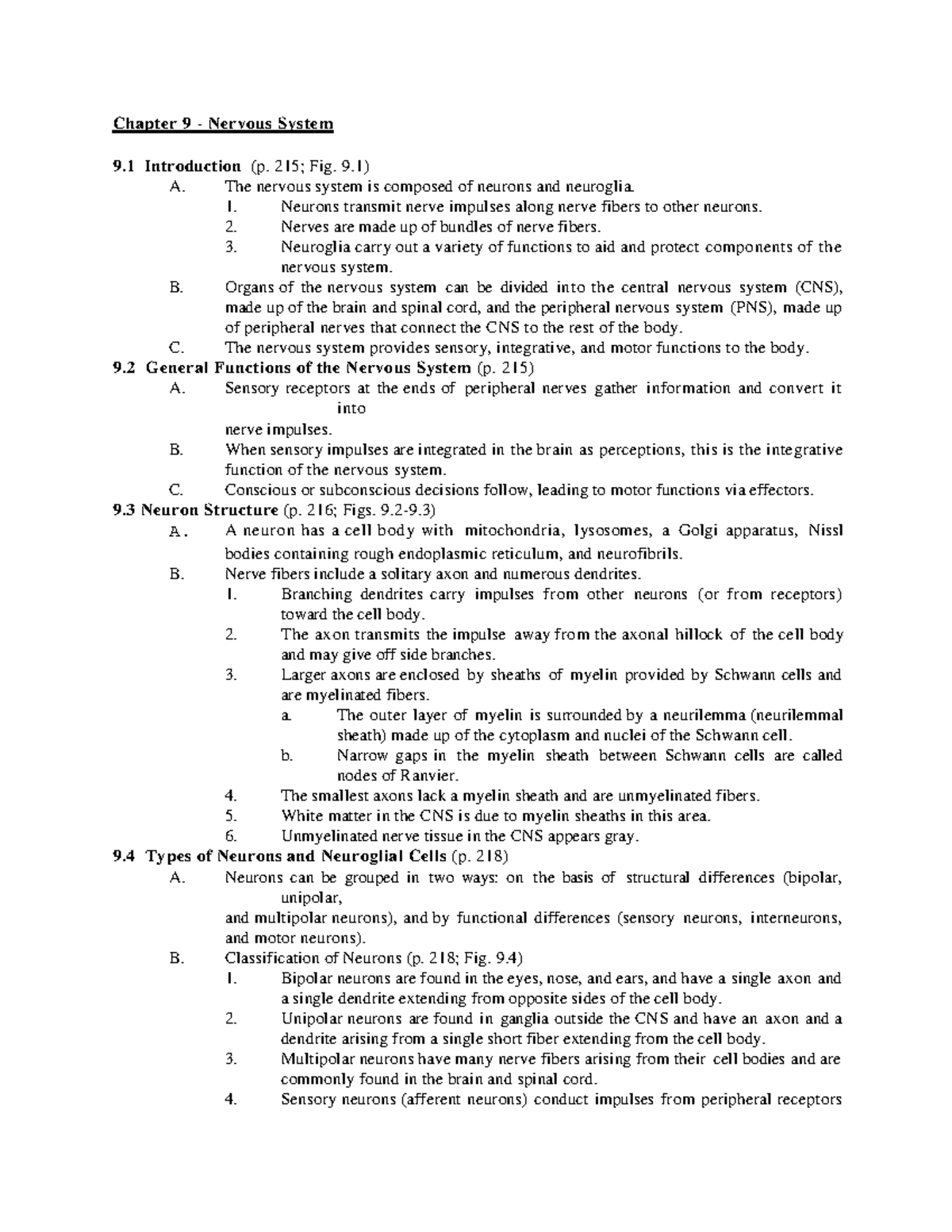 nervous system outline - Chapter 9 - Nervous System 9 Introduction (p ...