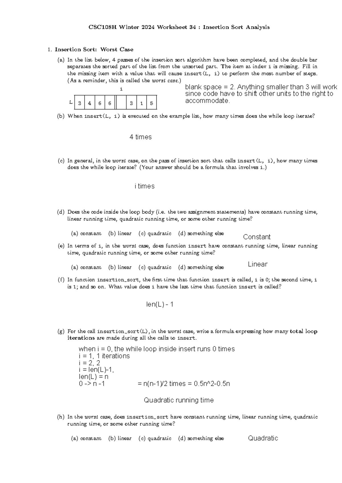 Ws34 sorting analysis insertion - CSC108H Winter 2024 Worksheet 34 ...