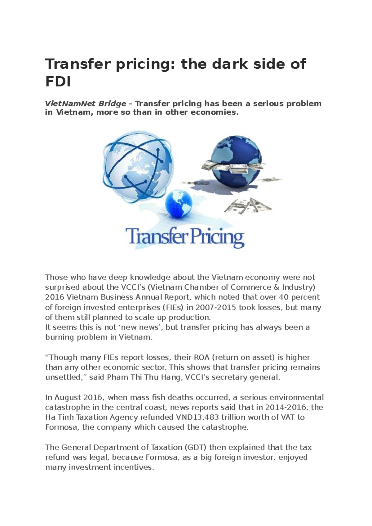 Chapter 7 Transfer pricing case Homework Transfer pricing the dark