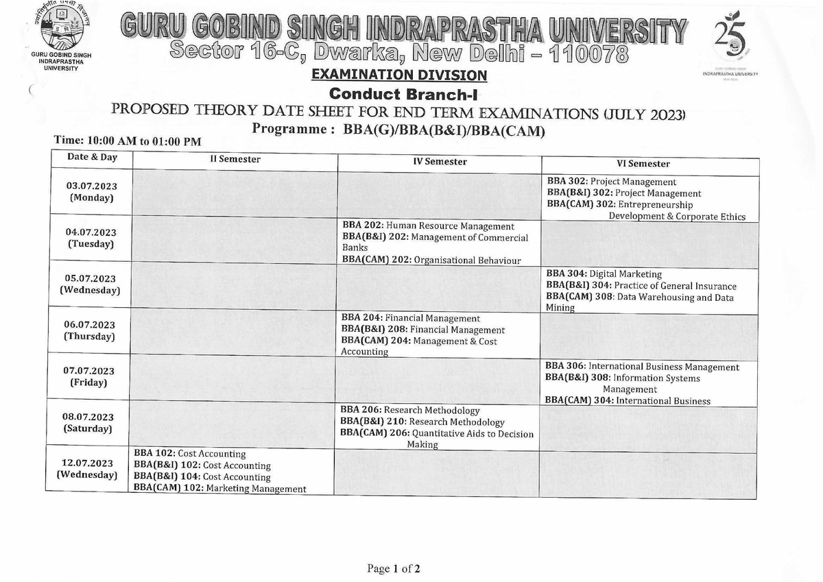 Proposed Datesheet All courses brochure IPU Studocu