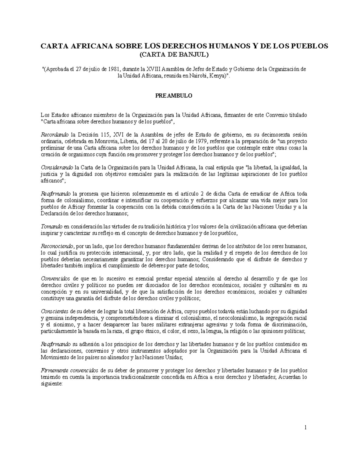 Carta africana de los Derechos Humanos y de los pueblos CARTA