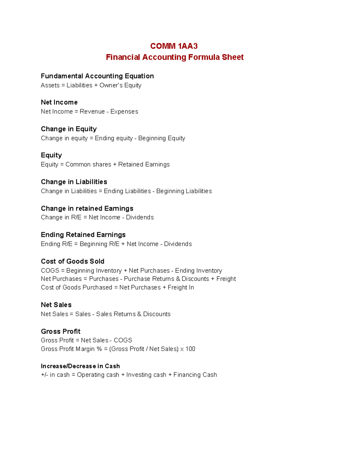Accounting Formula Sheet for 2AB3 GUELPH UNIVERSITY MR.HOLMAN - COMM ...