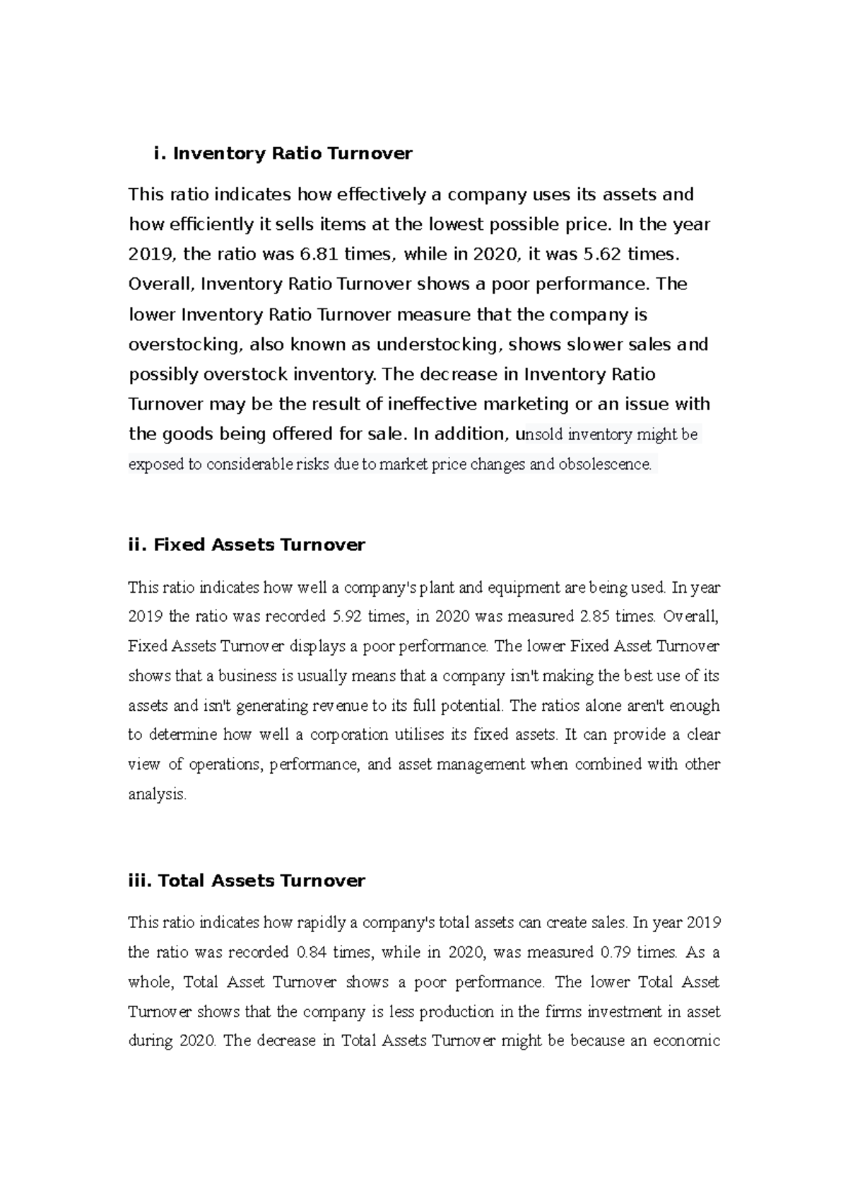 Activity Ratios - idk - i. Inventory Ratio Turnover This ratio ...