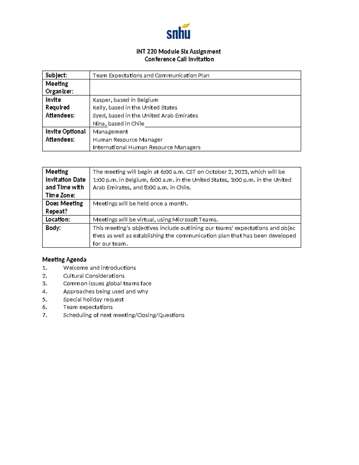 Conference Call Invitation - INT 220 Module Six Assignment Conference ...