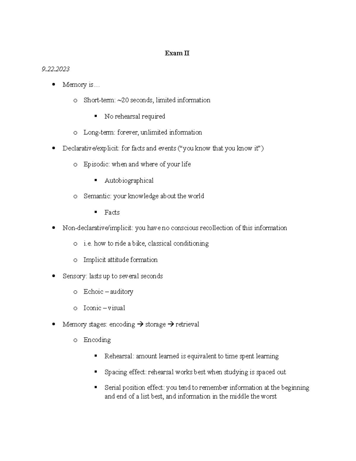 PSYC 101 Exam II Notes - Psy - Exam II 9. Memory Is... O Short-term ...