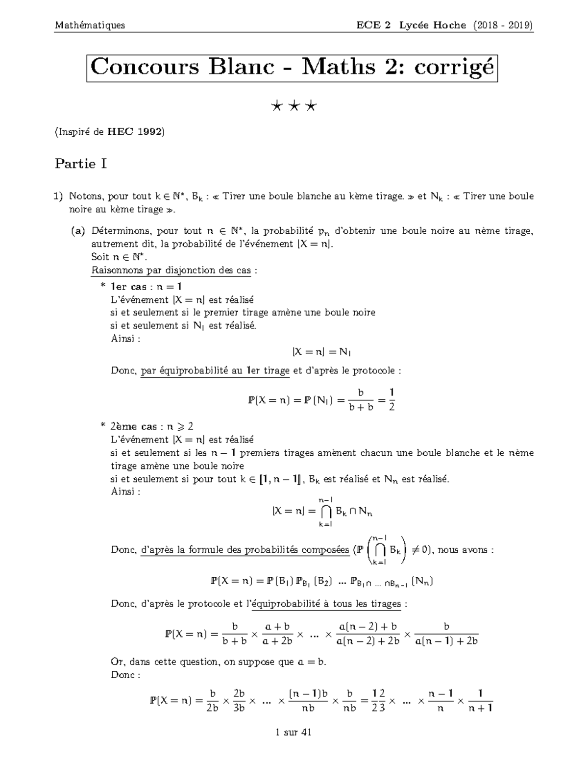 CB 2 Cor - DS Maths - Concours Blanc - Maths 2: Corrig ́e ⋆ ⋆ ⋆ (Inspir ...