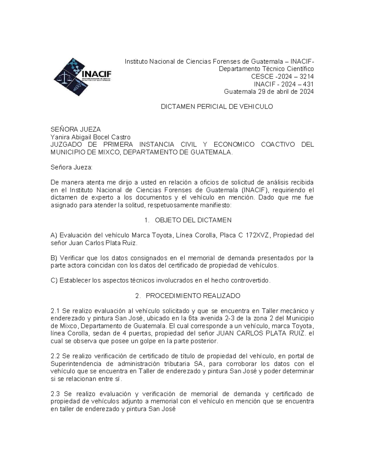 Dicamen vehiculo C172XVZ - Instituto Nacional de Ciencias Forenses de ...