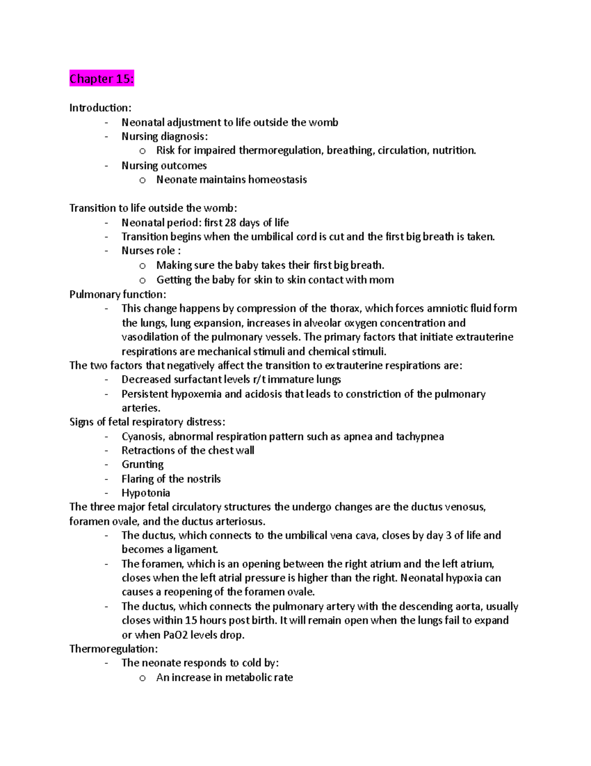 Chapter 15 Study Guide Notes OB - Chapter 15: Introduction: - Neonatal ...