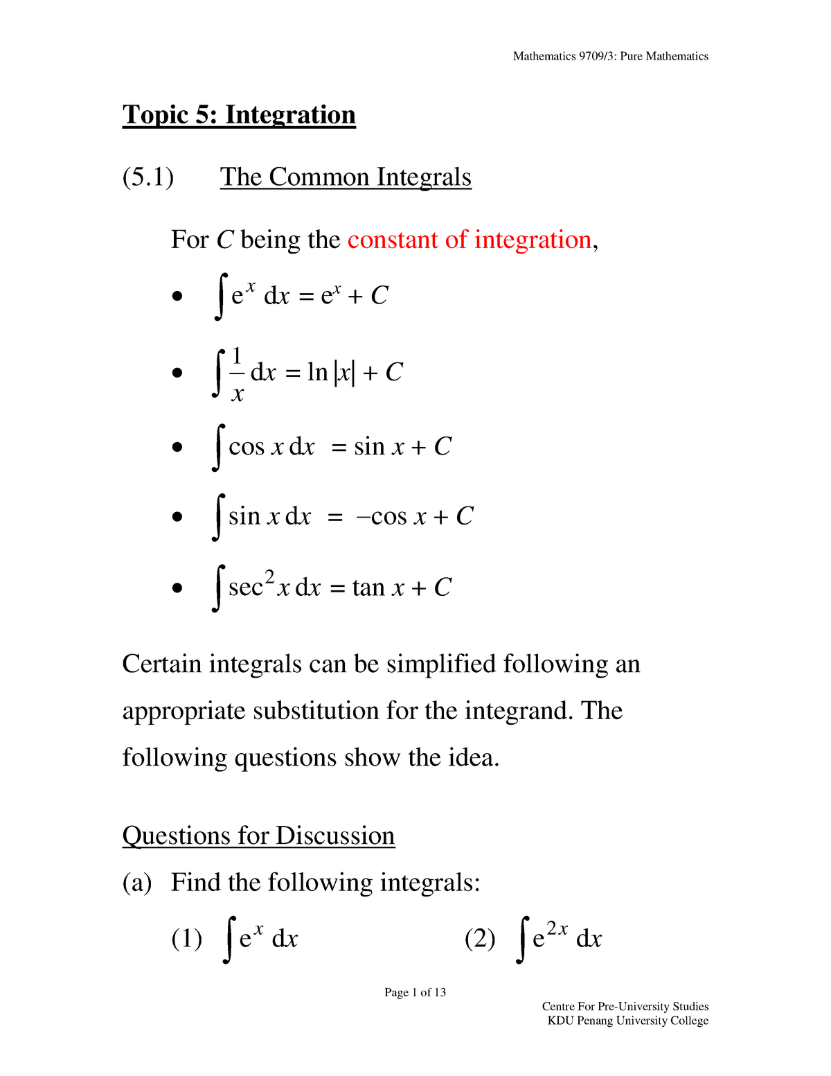 5 Integration A Level Mathematics Note - Mathematics 9709/3: Pure ...