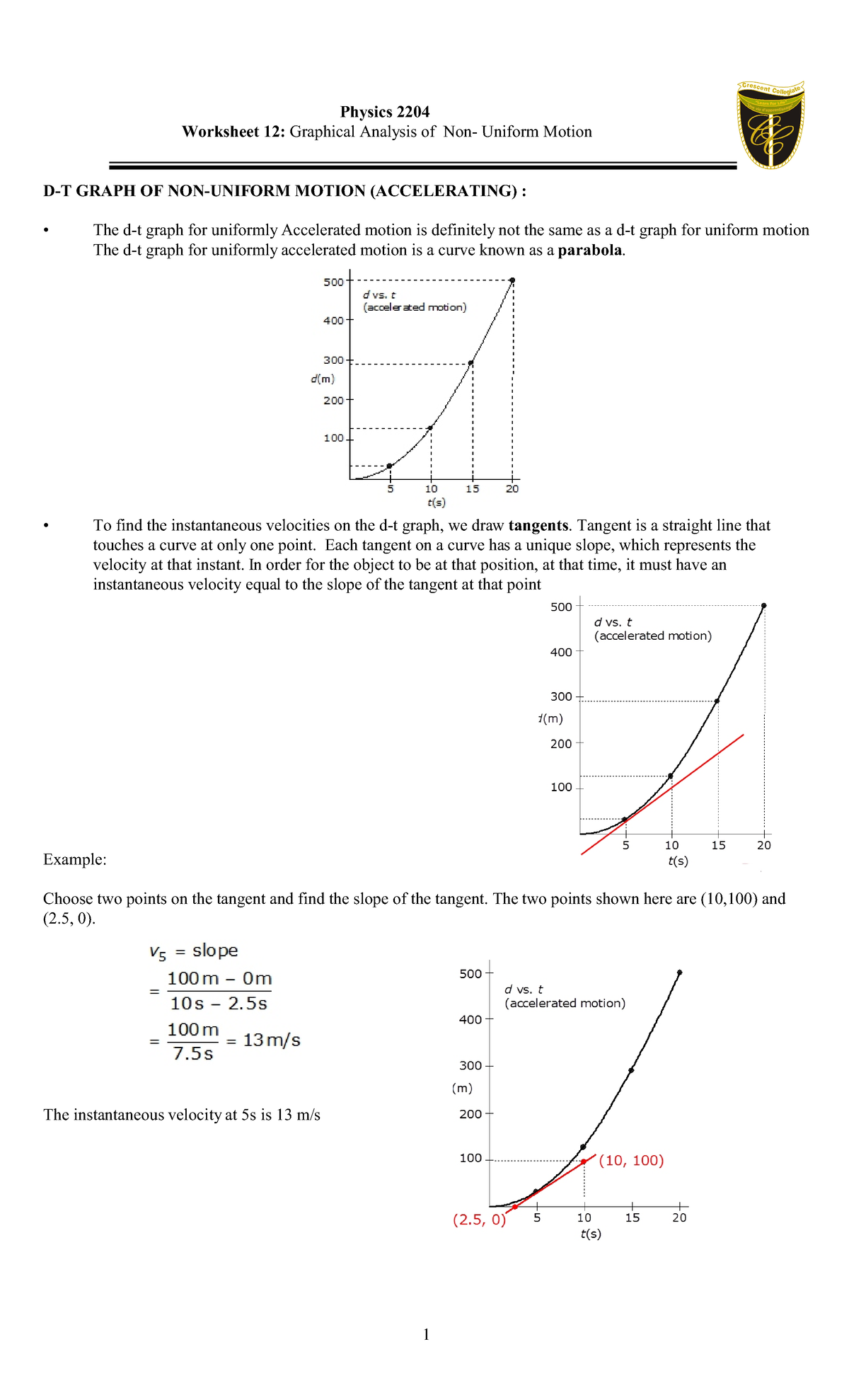 Science 1206 worksheet 12 graphical analysis on non-uniform motion ...