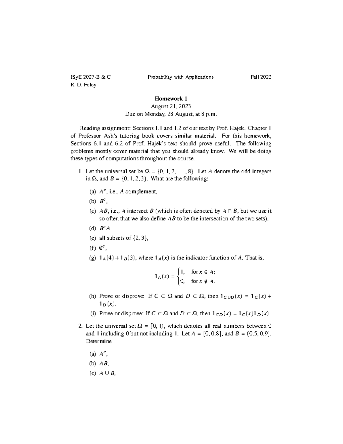 01-hmwk-2027 - ISyE 2027-B & C Probability With Applications Fall 2023 ...