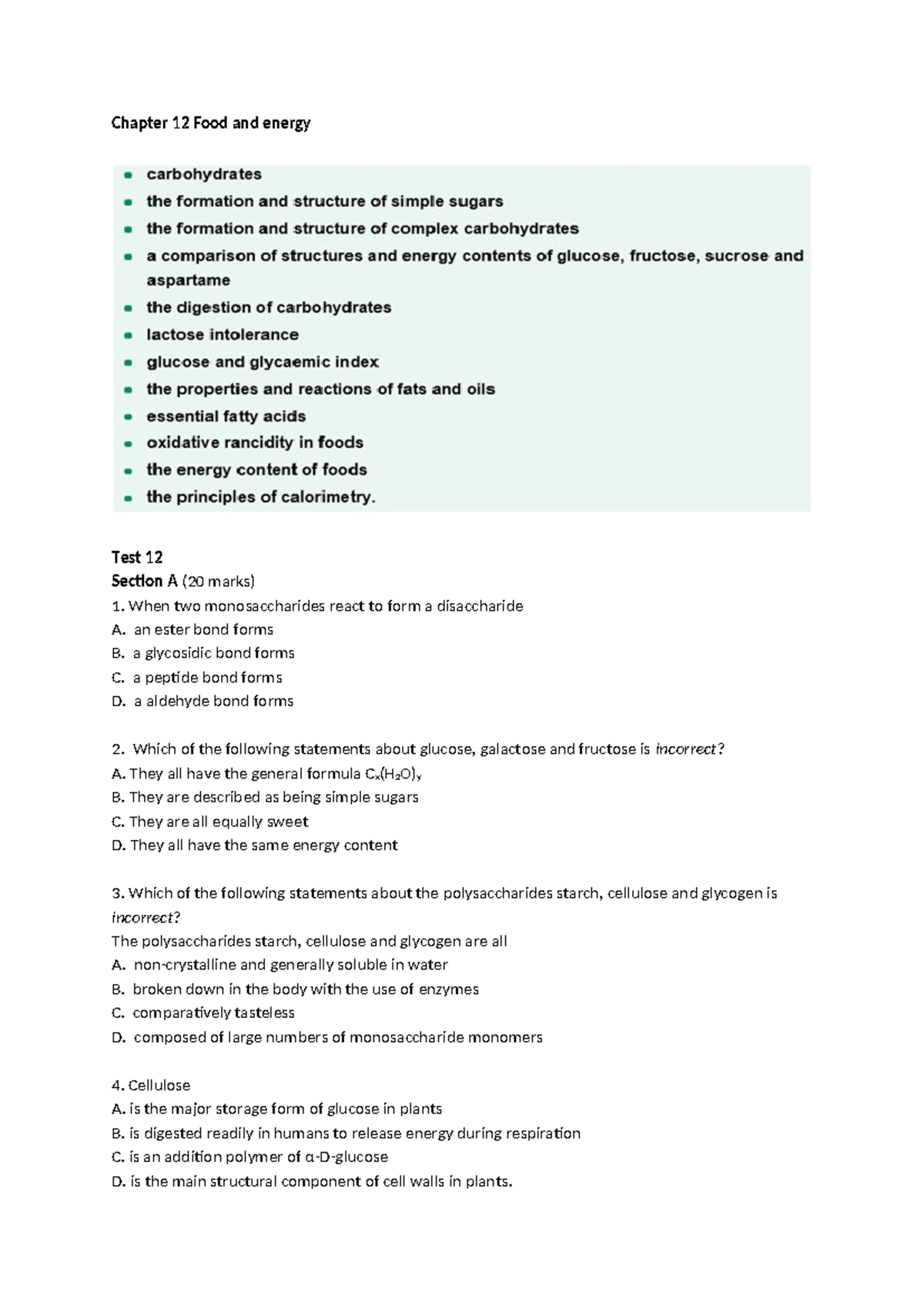 Chapter 12 Food and energy - Chapter 12 Food and energy Test 12 Section ...
