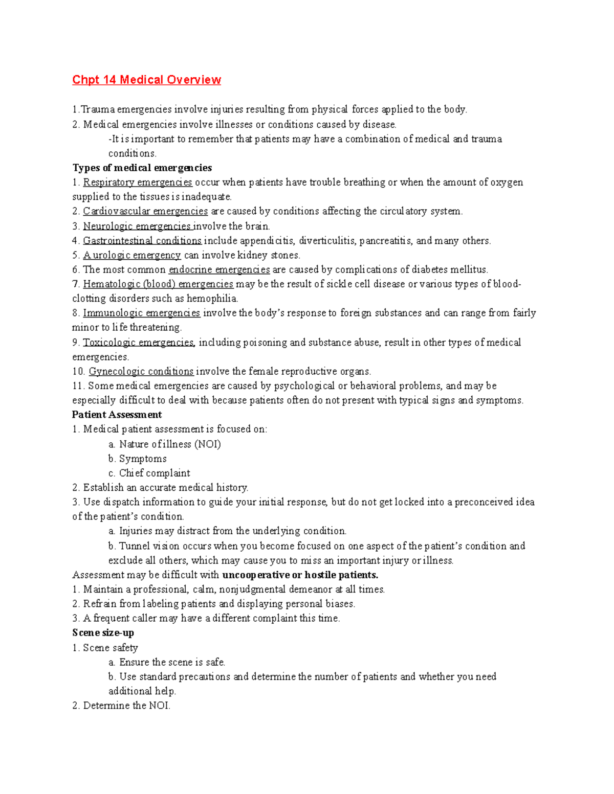 EMT Notes Chpt 14 - Chpt 14 Medical Overview 1 emergencies involve ...