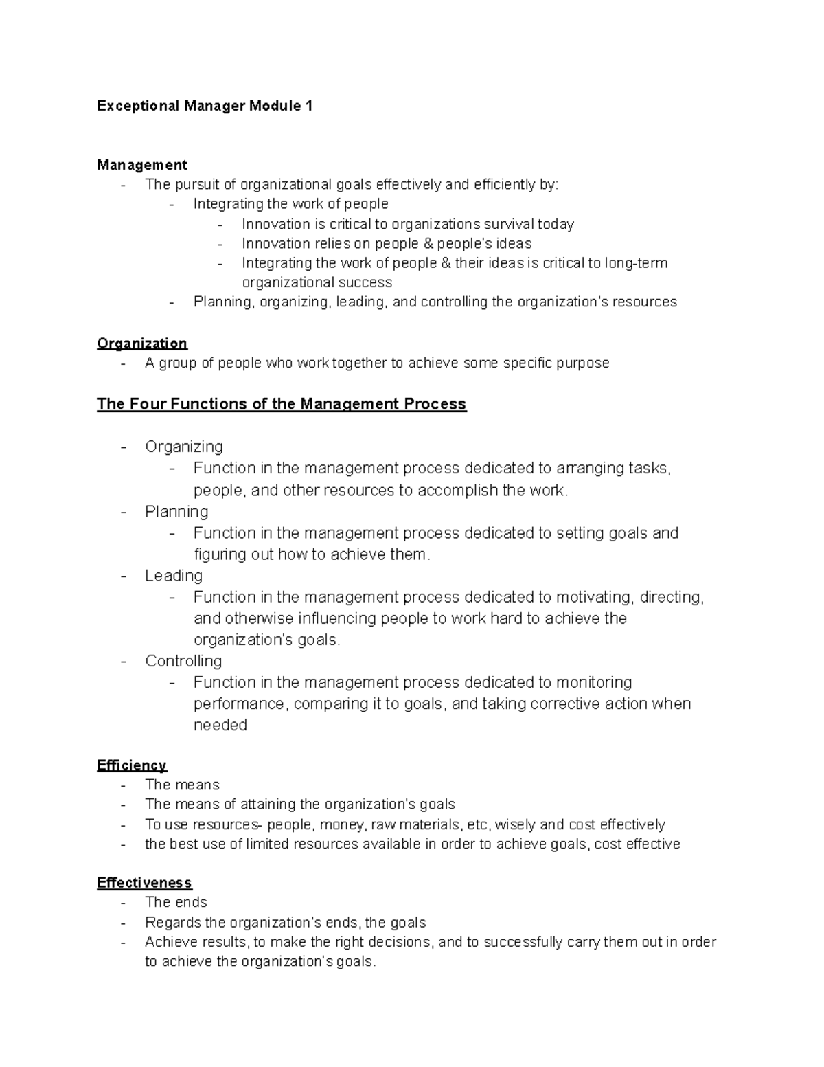 MGT Module 1 - Notes - Exceptional Manager Module 1 Management - The ...