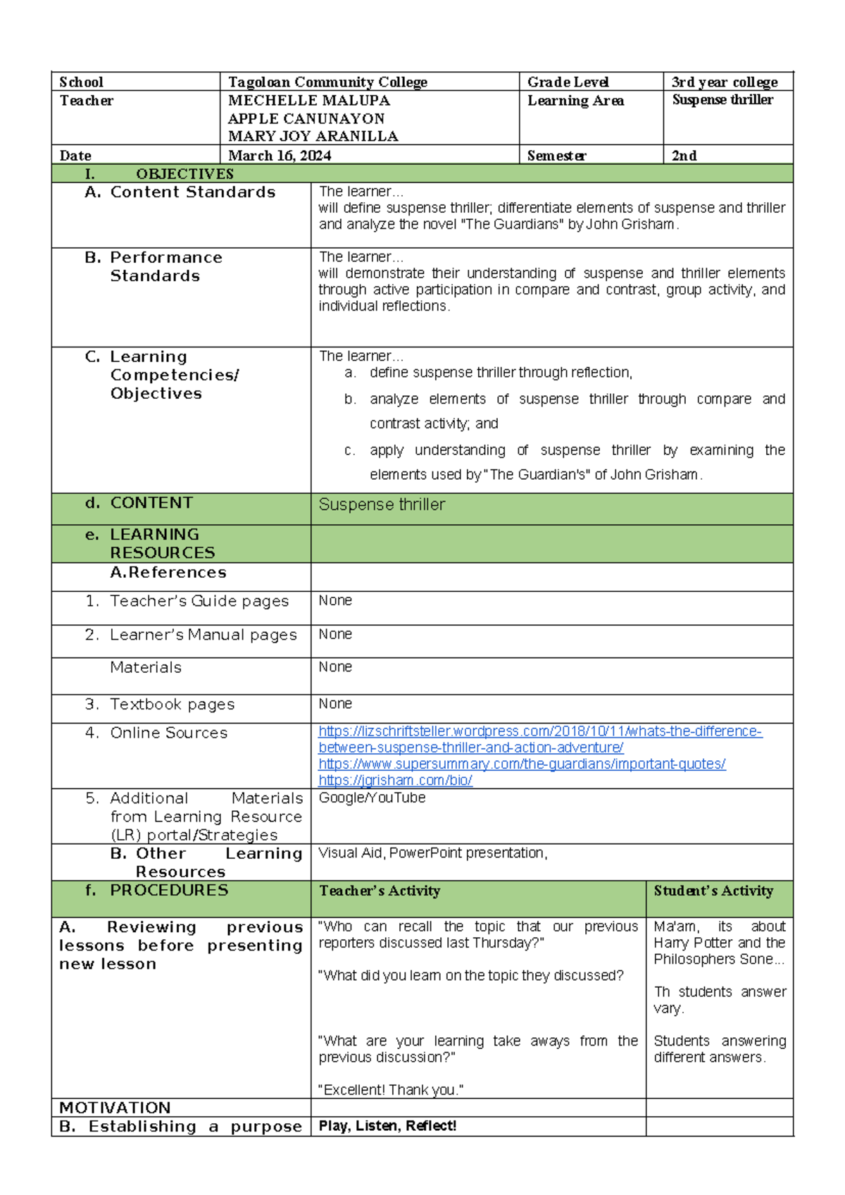 Lesson PLAN story - School Tagoloan Community College Grade Level 3rd ...