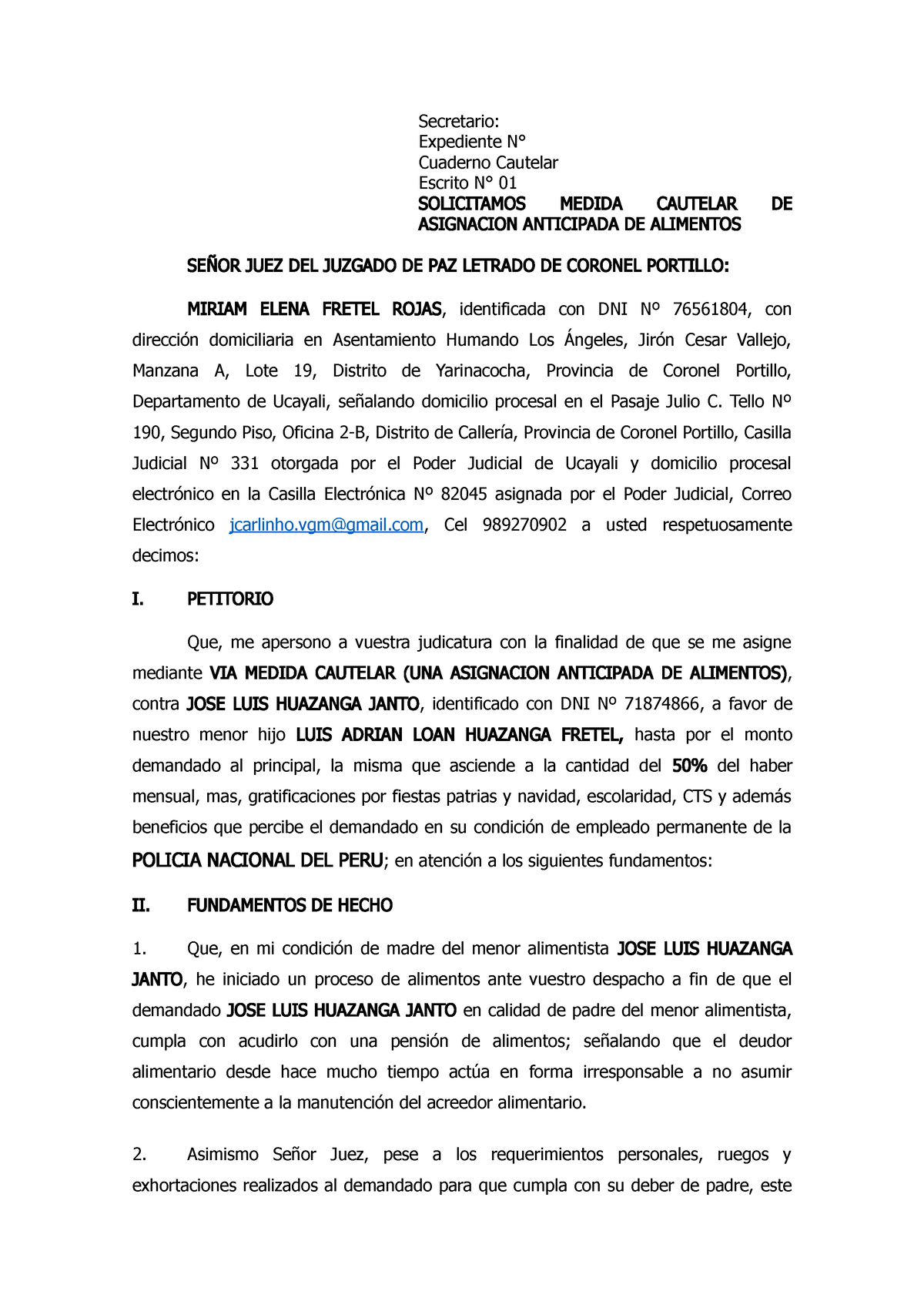 Asignacion Anticipada Miriam Vs Jose Luis Secretario Expediente N° Cuaderno Cautelar Escrito 5851