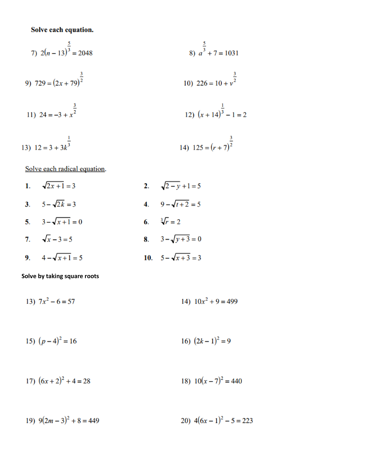 Unit 10 Extra Practice - Solve by taking square roots ANSWERS - Studocu