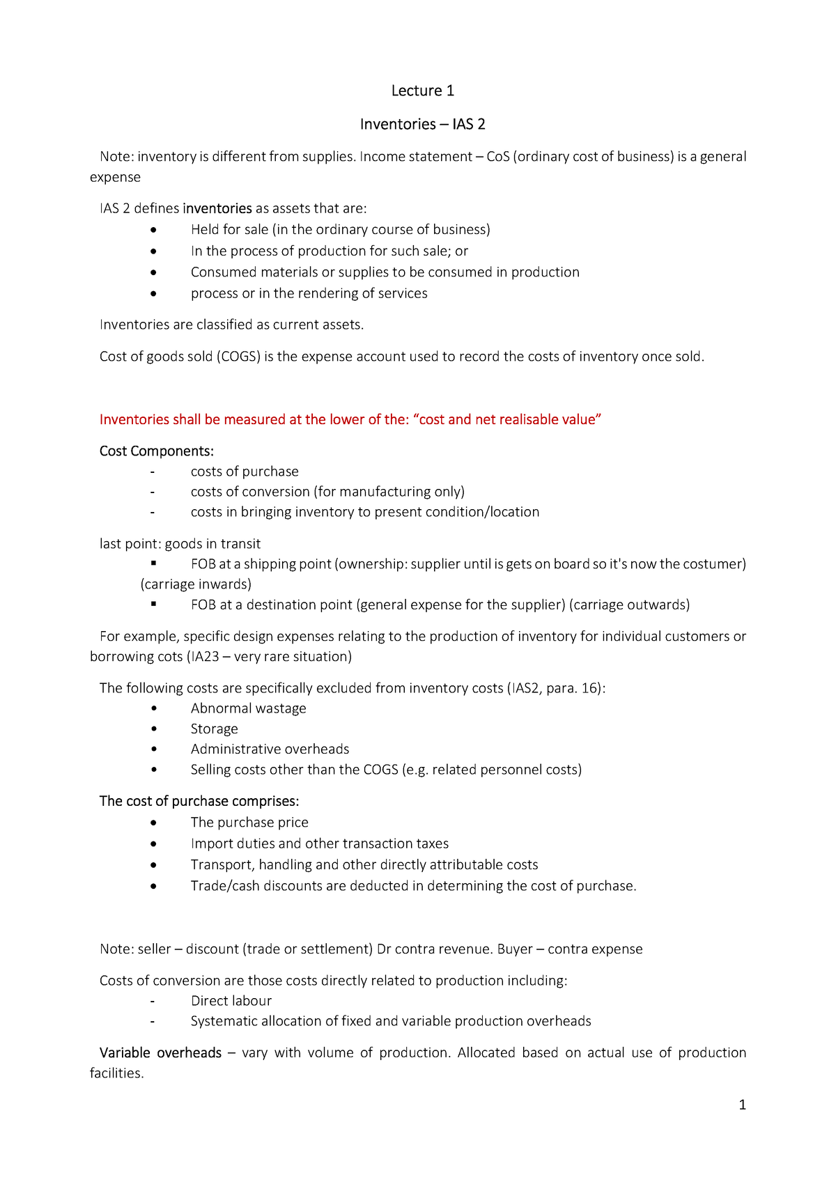 Lecture 2 - Inventories - Lecture 1 Inventories – IAS 2 Note: inventory ...