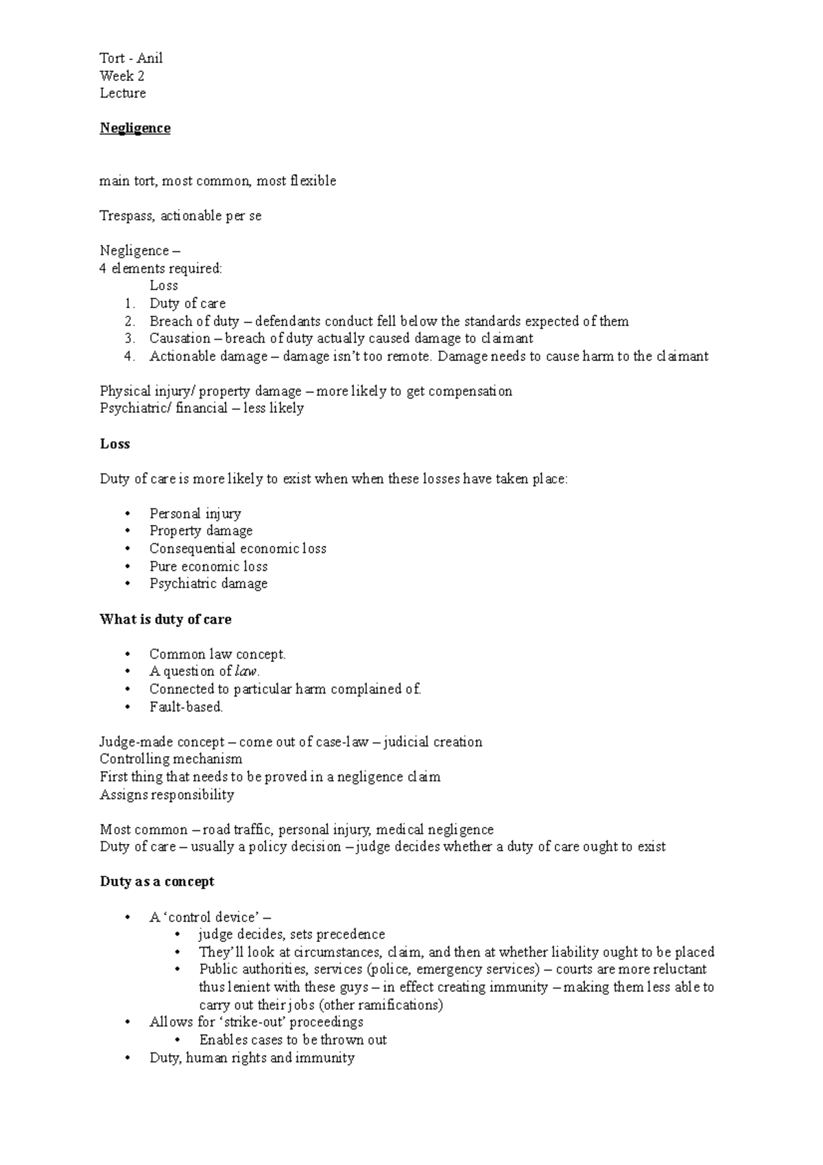 2 Negligence Lecture Notes Week 2 Lecture Negligence Main Tort Most Common Most Flexible 2 Negligence Lecture Notes Week 2 Lecture Negligence Main Tort Most Common Most Flexible